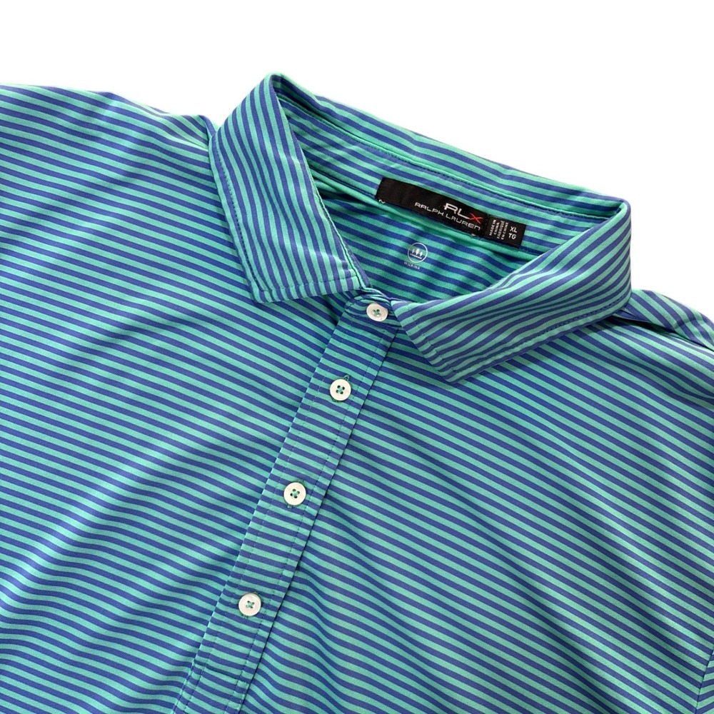 RLX Ralph Lauren Mens XL Blue Green Striped Wyndham Championship Golf Polo Shirt